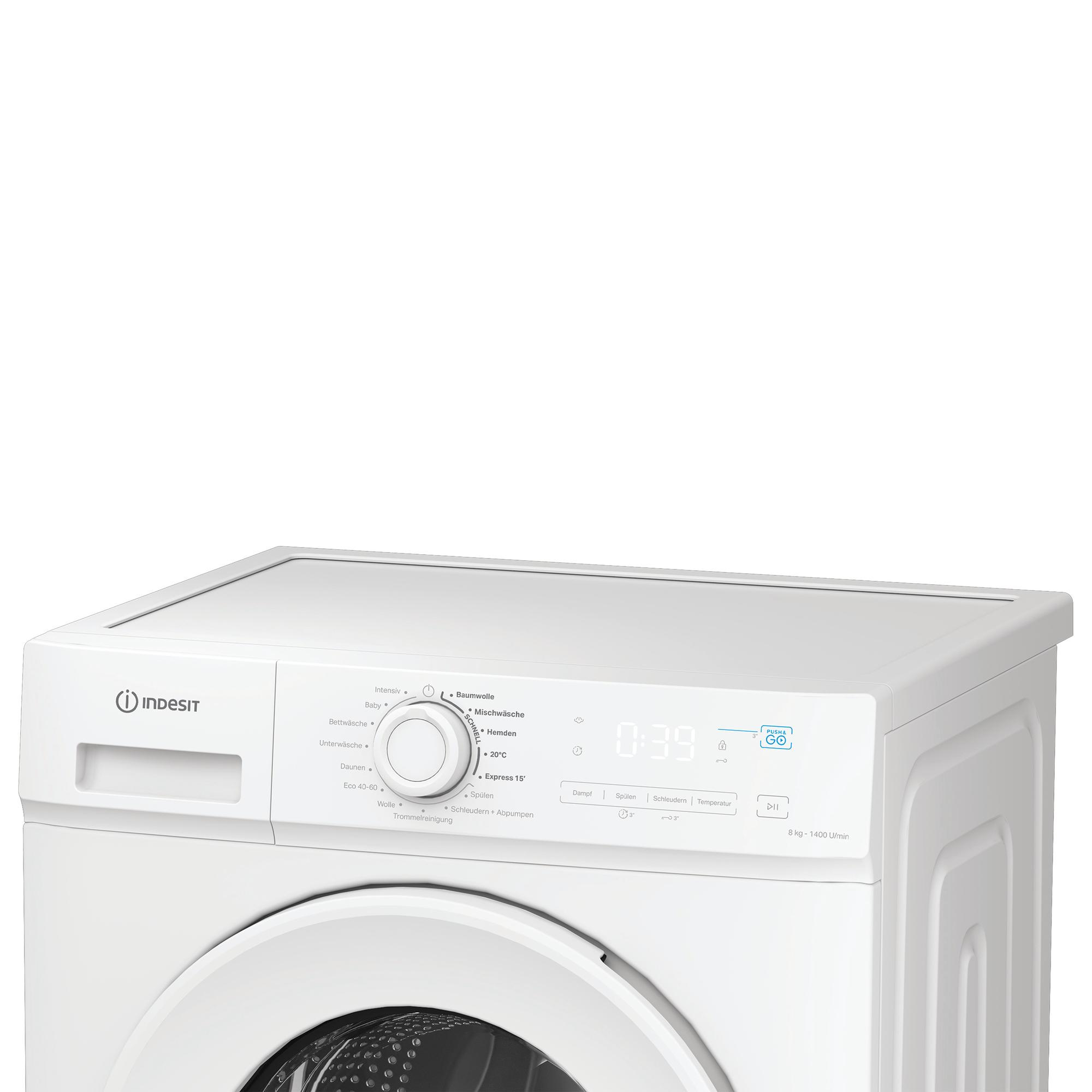 Eine weiße Indesit Waschmaschine mit Bedienfeld und Display.