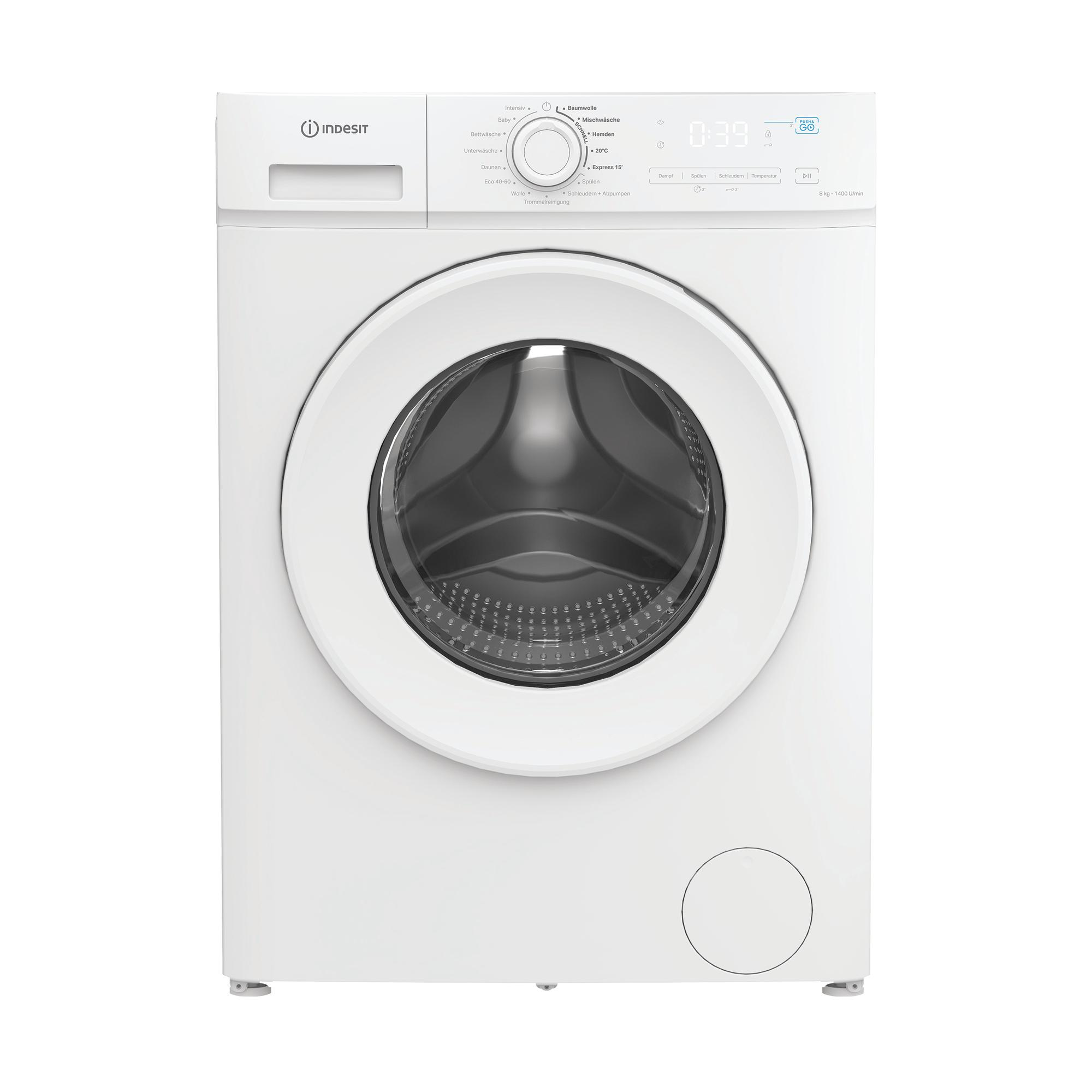 Eine weiße Indesit-Waschmaschine mit einem runden Bullauge und einem Bedienfeld mit digitaler Anzeige.