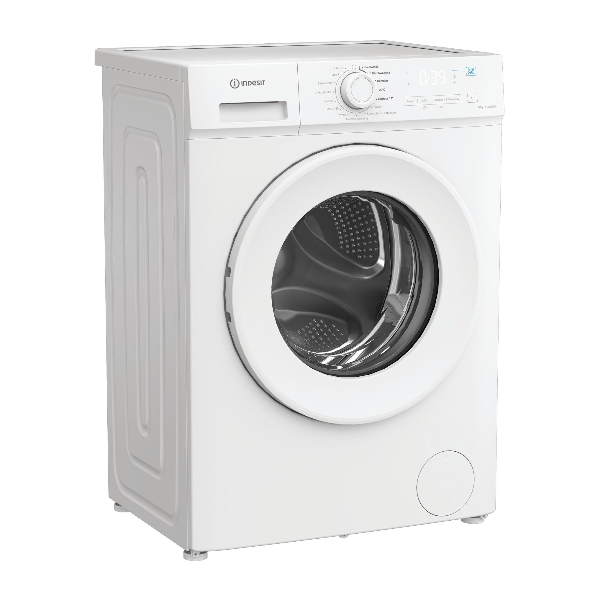 Eine weiße Indesit Waschmaschine mit runder Tür und Bedienfeld.