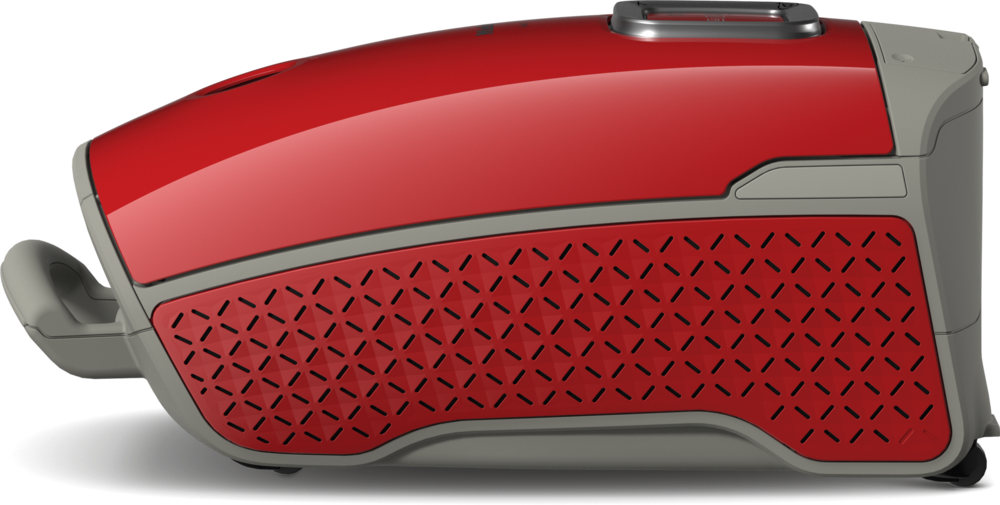 Ein roter und grauer Staubsauger mit Muster.
