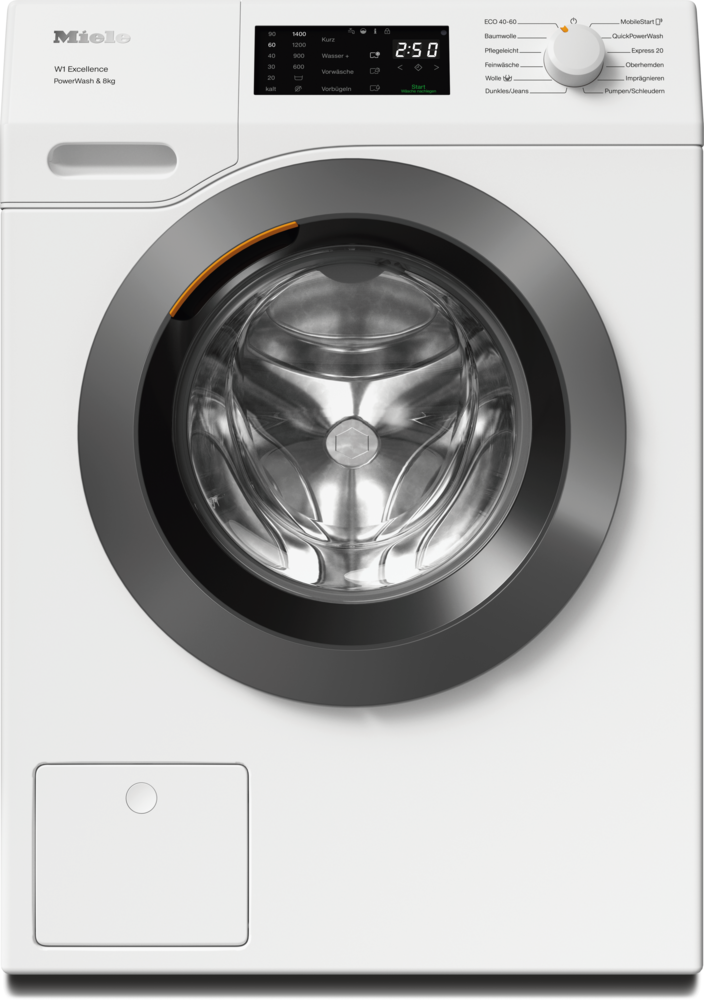 Weiße Miele Waschmaschine mit silbernem Ring um die Trommel und digitalem Display.