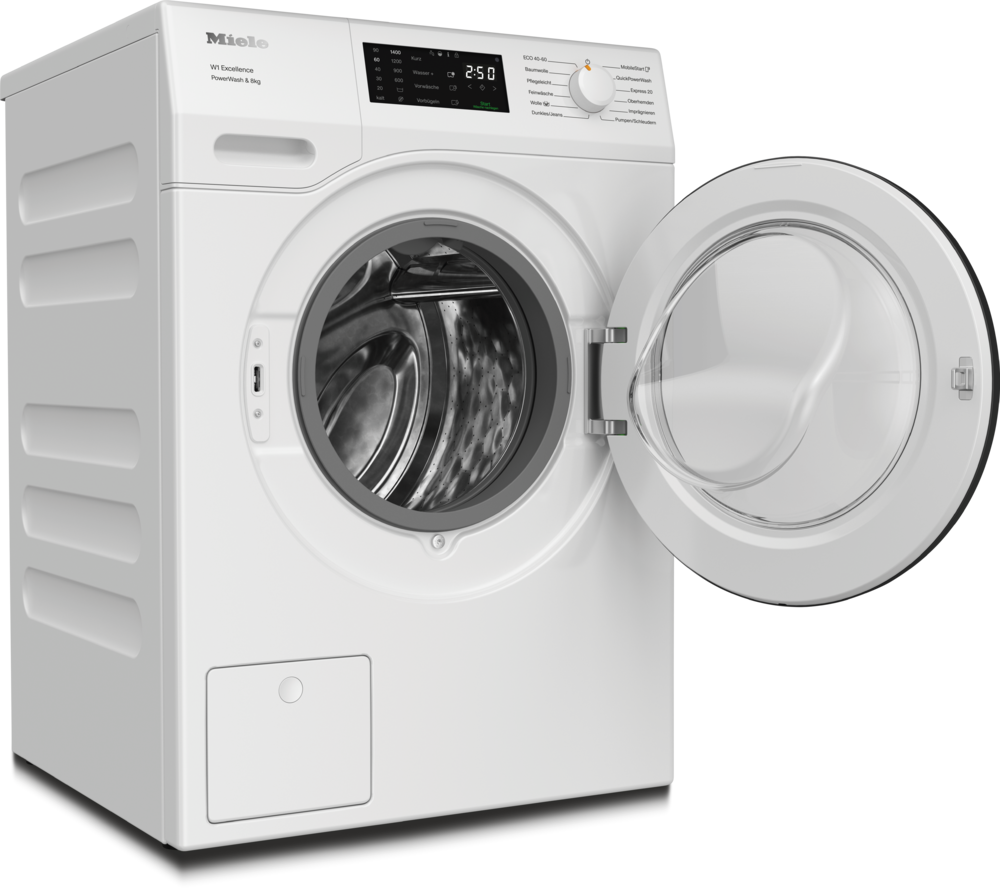 Eine weiße Miele Waschmaschine mit geöffneter Tür und einer Trommel.