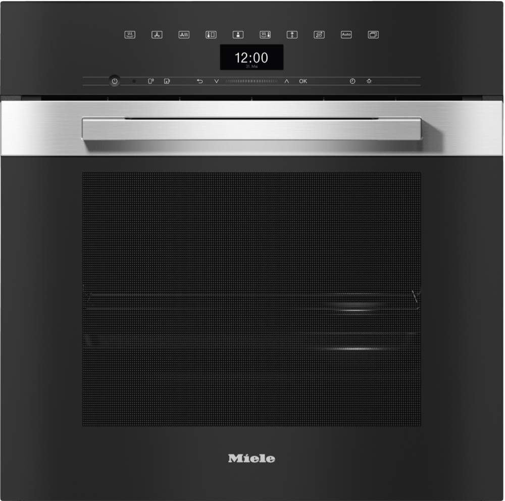 Ein moderner Miele-Ofen mit schwarzer Glastür und Digitalanzeige, die 12:00 anzeigt.