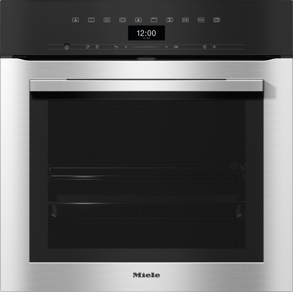 Moderner Miele-Ofen mit schwarzer Tür und digitaler Anzeige. Silberner Griff.