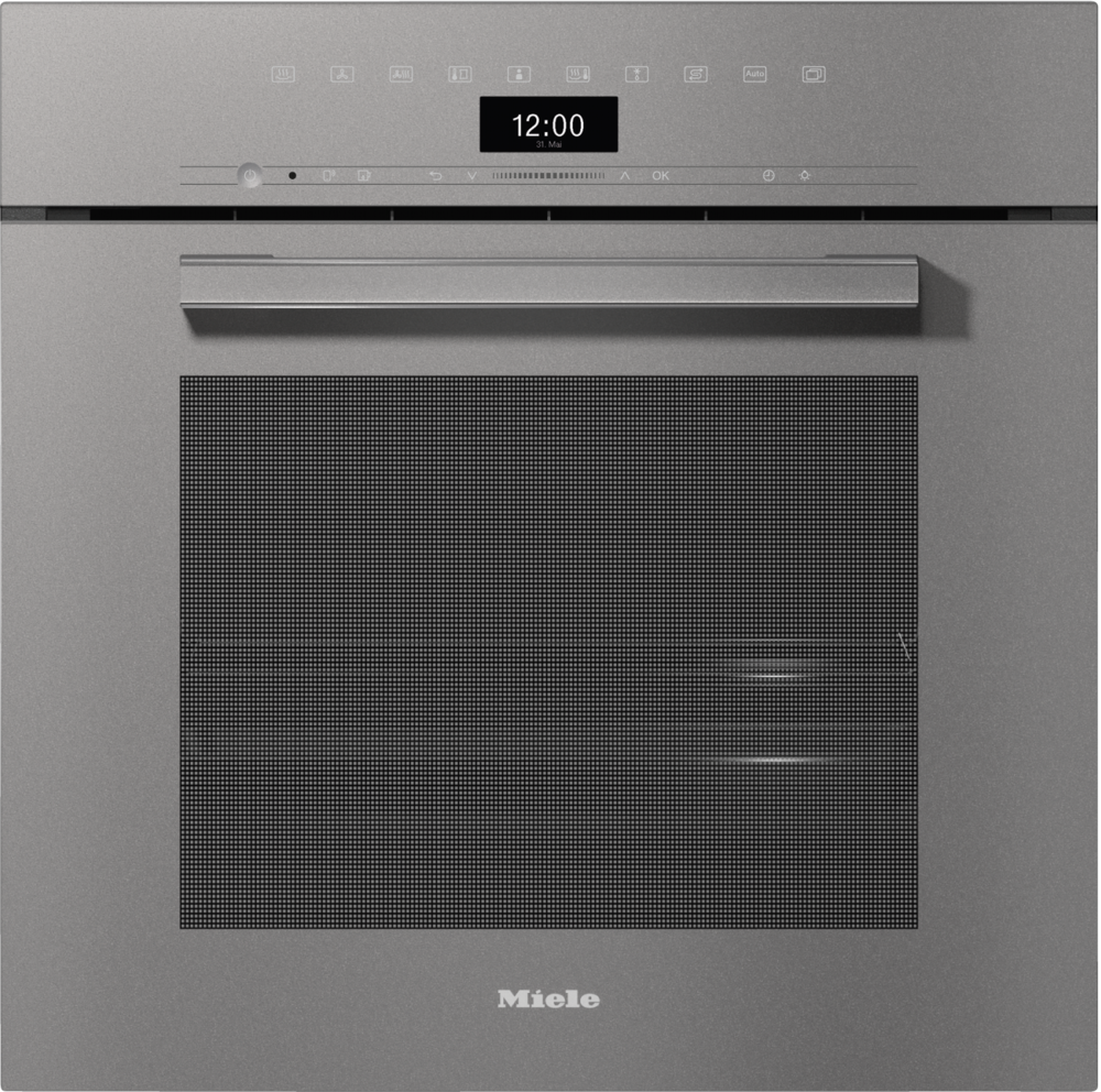 Grauer Miele-Ofen mit digitaler Zeitanzeige und Tür mit Gitter.