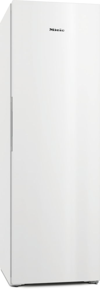 Ein weißer Kühlschrank mit dem Miele-Logo oben.