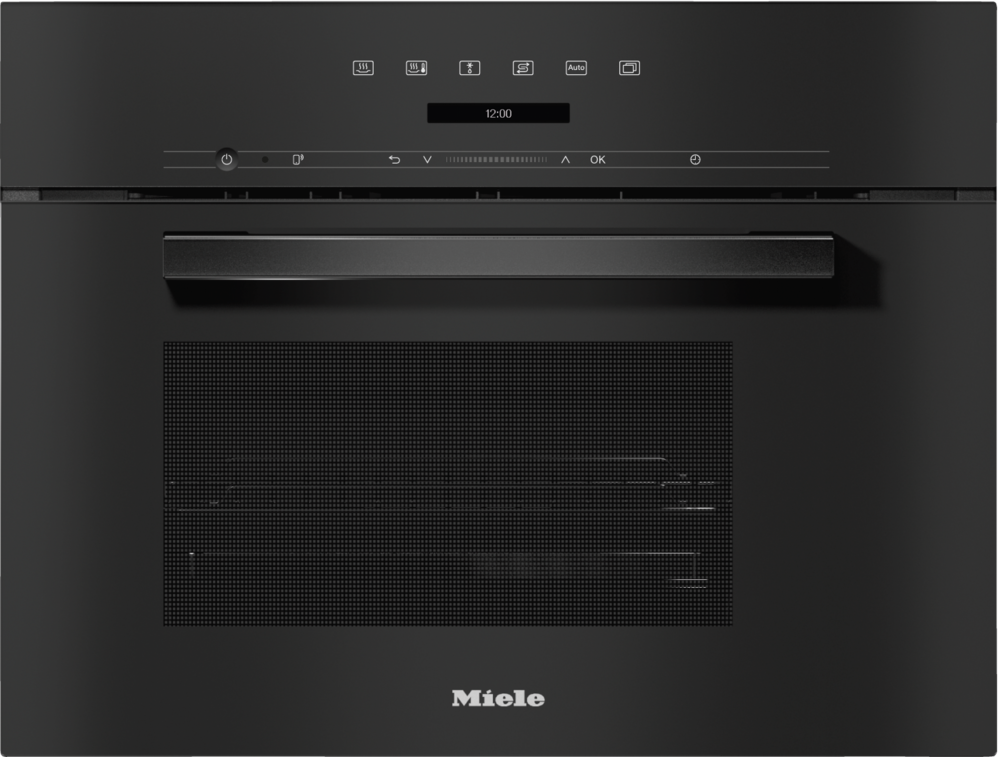 Ein schwarzer Miele-Ofen mit digitaler Anzeige und Bedienelementen.