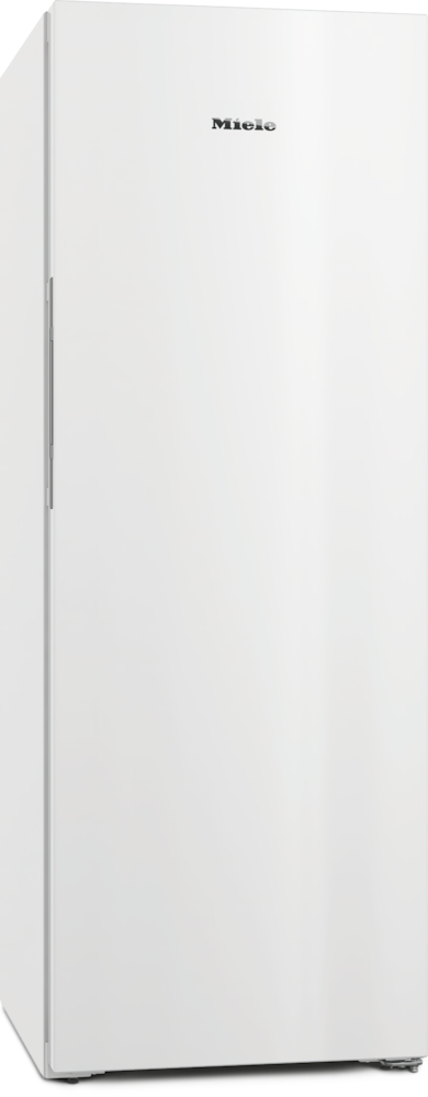 Ein weißer Miele-Kühlschrank steht gerade auf schwarzem Hintergrund.