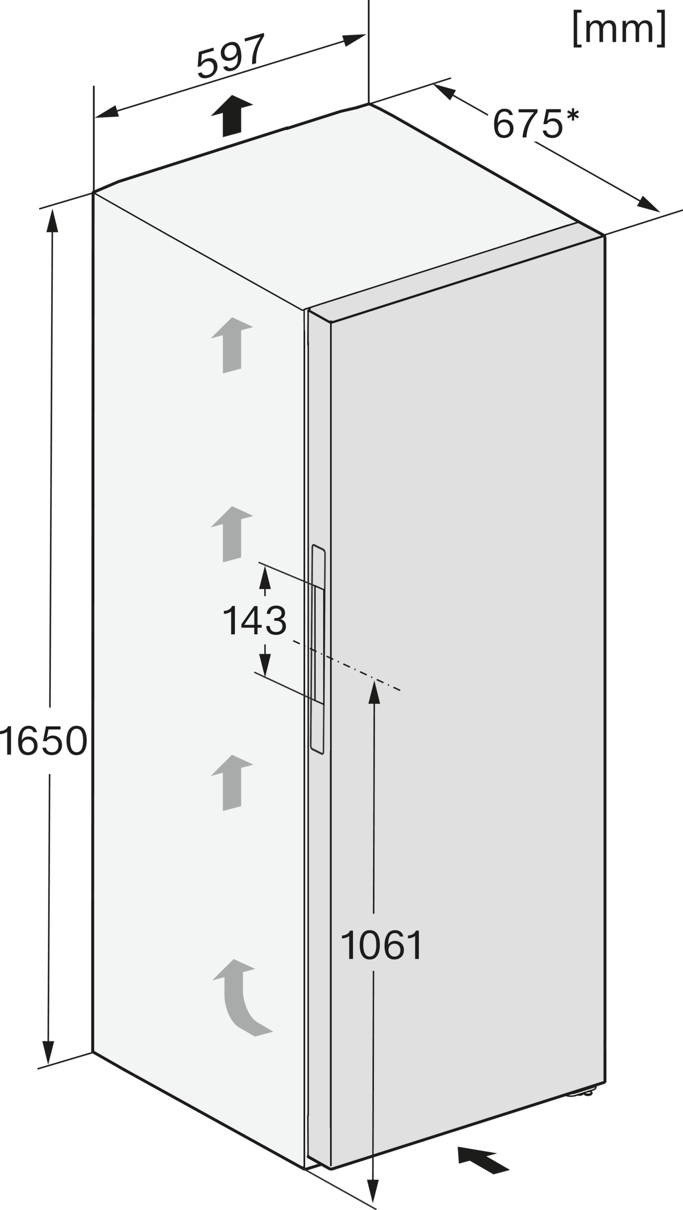 Technische Zeichnung eines Kühlschranks mit Maßen wie 597, 675, 1650 und 1061 mm.