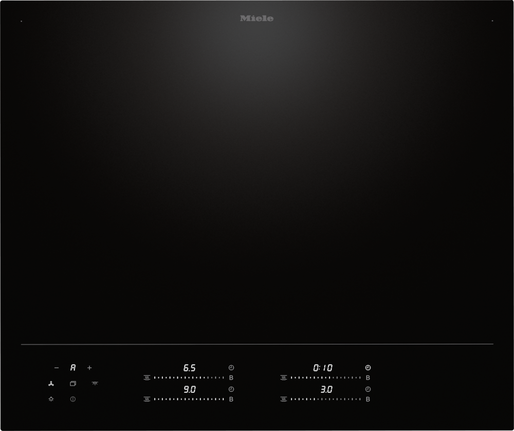 Ein Miele Kochfeld mit digitalen Anzeigen für Temperatur und Timer.