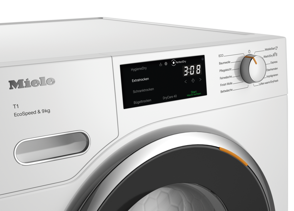 Miele T1 Wäschetrockner mit digitalem Display und Drehregler.