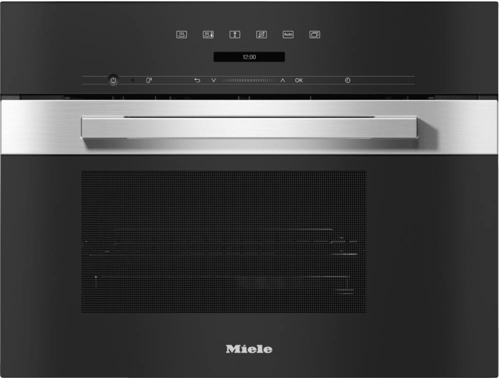 Moderne Miele Einbau-Dampfgarer mit Touchscreen-Bedienfeld und Edelstahltreppe.