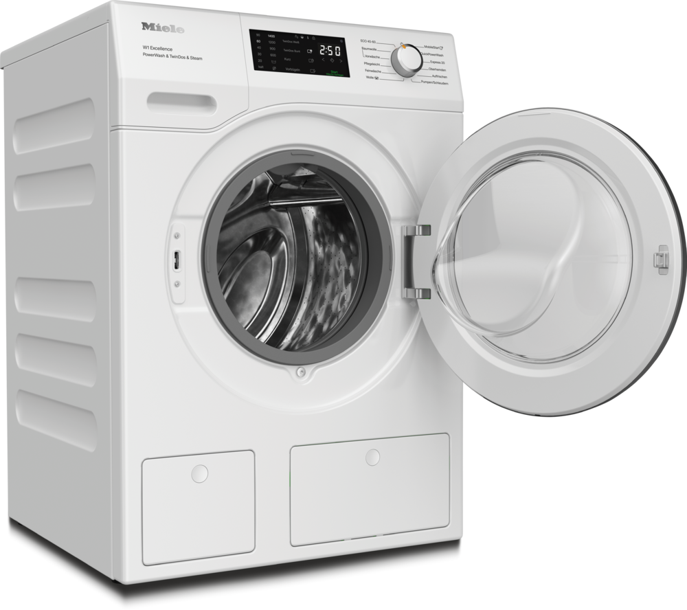 Eine weiße Miele Waschmaschine mit geöffneter Tür und sichtbarer Trommel.