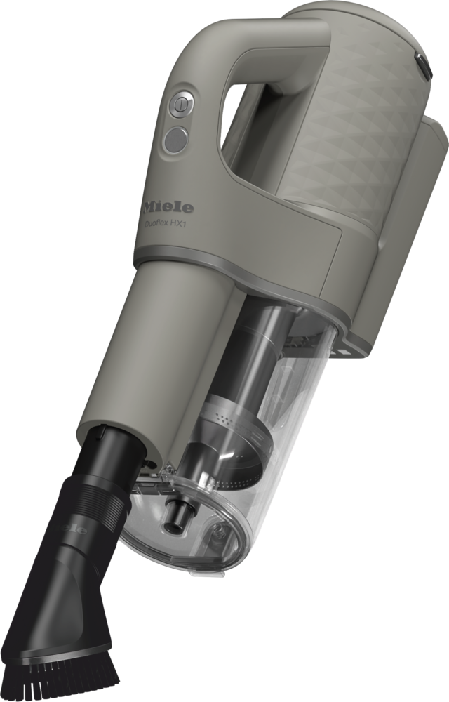 Grauer Miele Duoflex HX1 Handstaubsauger mit transparentem Staubbehälter und Bürstenaufsatz.