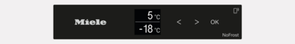 Miele-Display zeigt 5°C und -18°C, mit Pfeiltasten und OK.