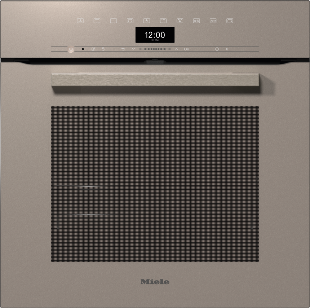 Ein moderner Miele-Ofen in Champagnerfarbe mit digitaler Anzeige und Glastür.