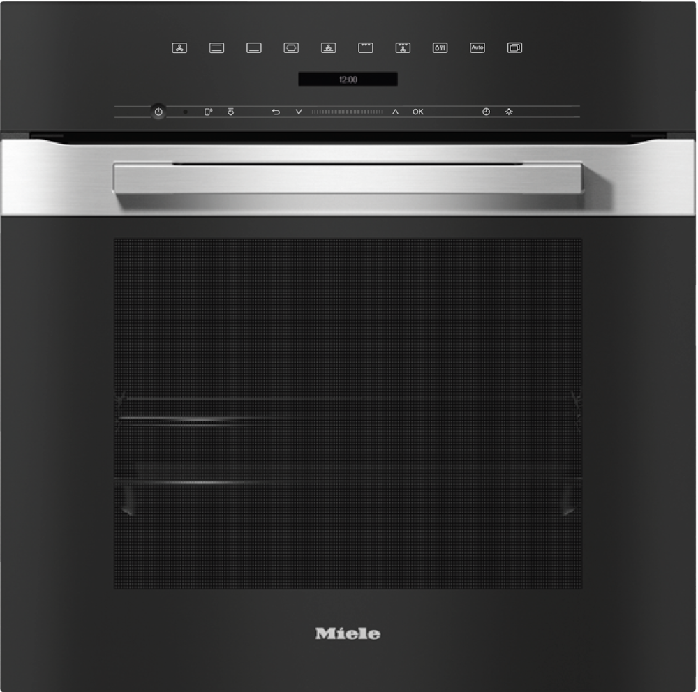 Moderner Miele-Ofen mit schwarzer Front, silbernem Griff und digitaler Anzeige.