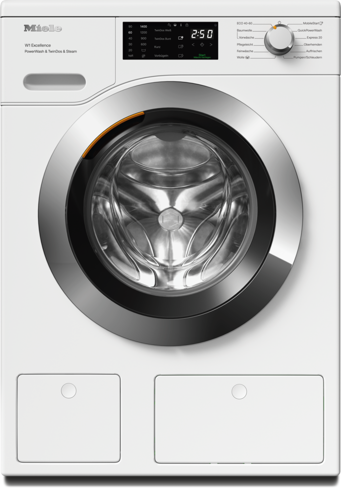 Weiße Miele Waschmaschine mit silbernem Bullauge und digitaler Anzeige.