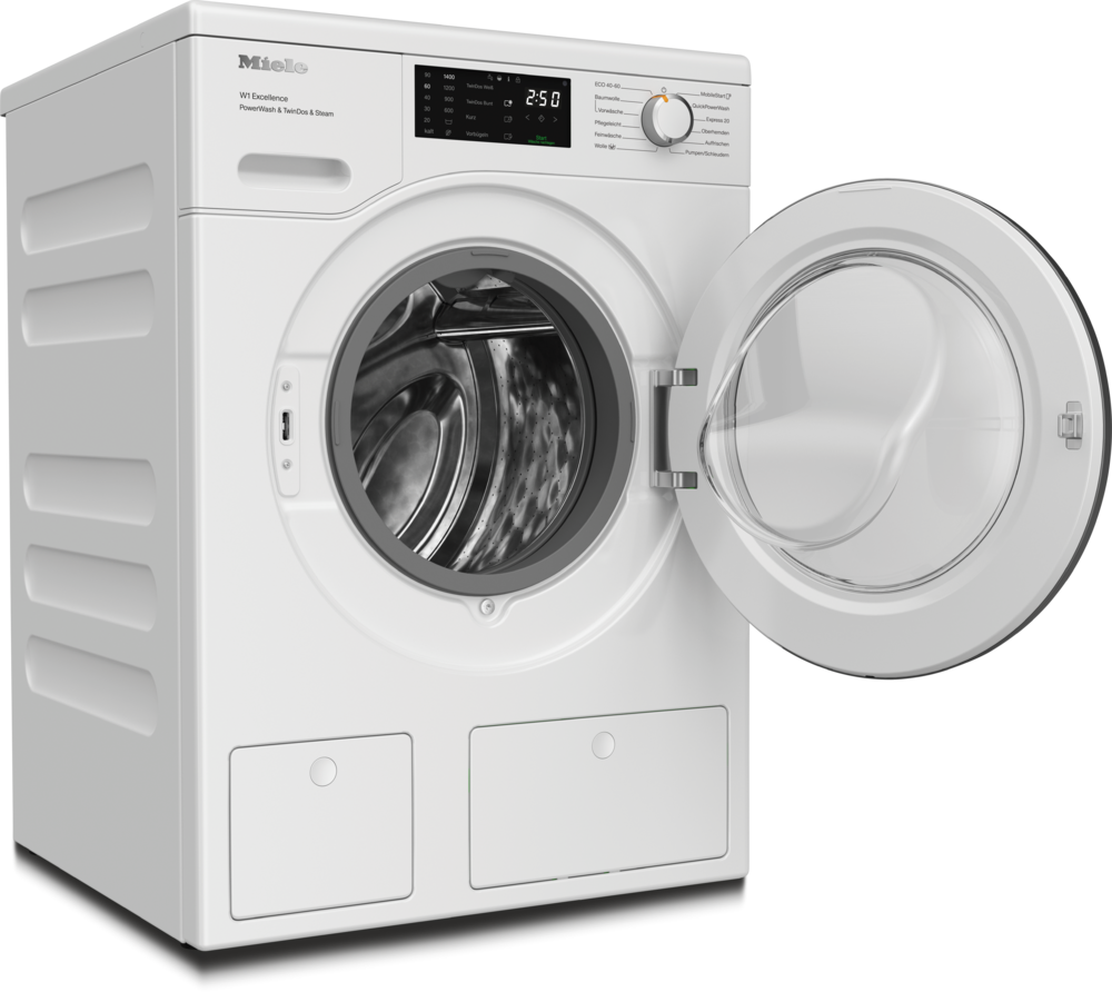 Weiße Miele Waschmaschine mit geöffneter Tür und digitalem Display.