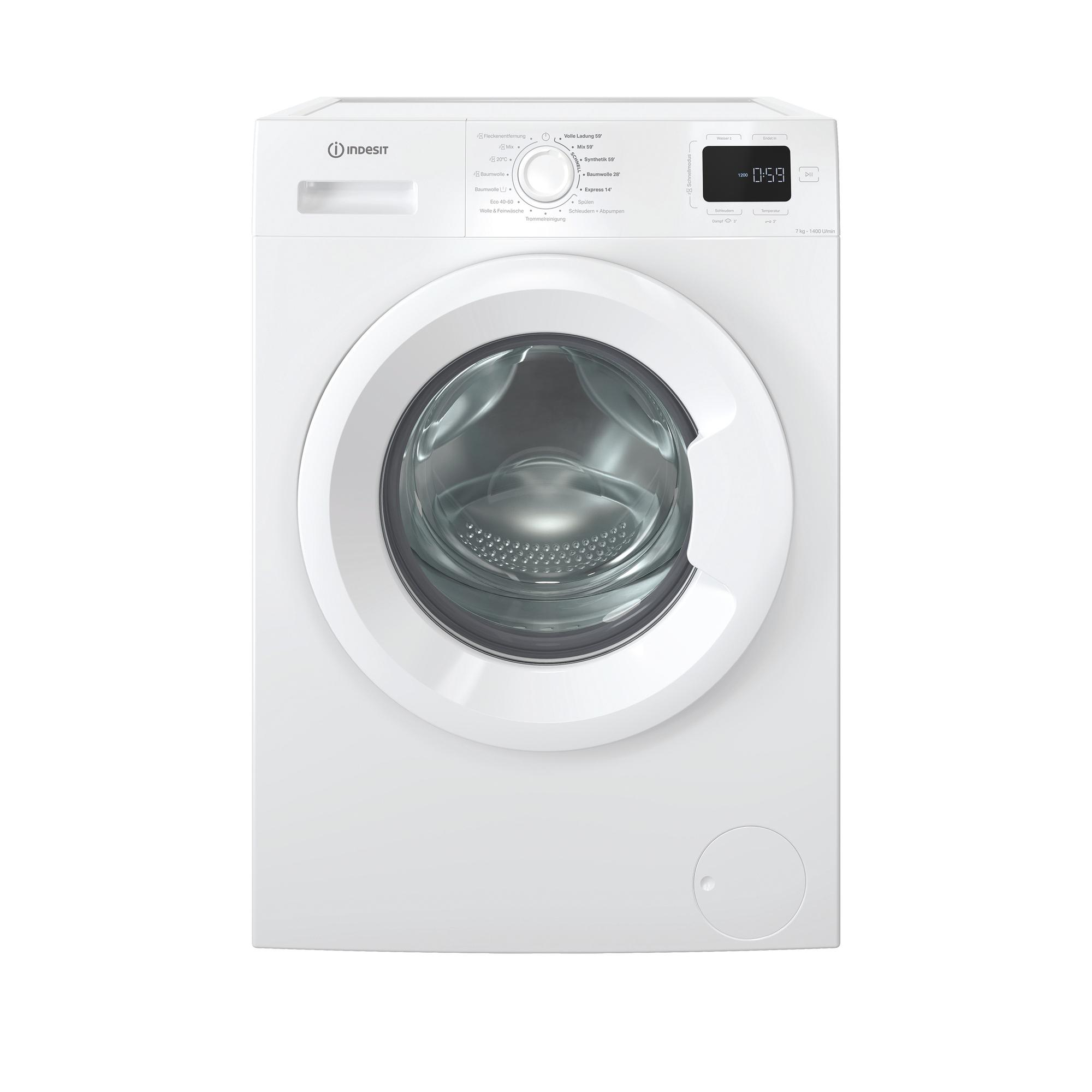 Eine weiße Indesit Waschmaschine mit runder Tür und Bedienfeld.