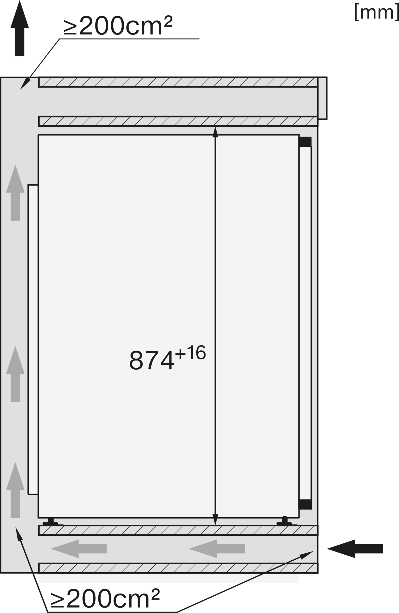 Technische Zeichnung mit Maßen 874+16 mm und Flächenangaben <gt/>= 200cm².