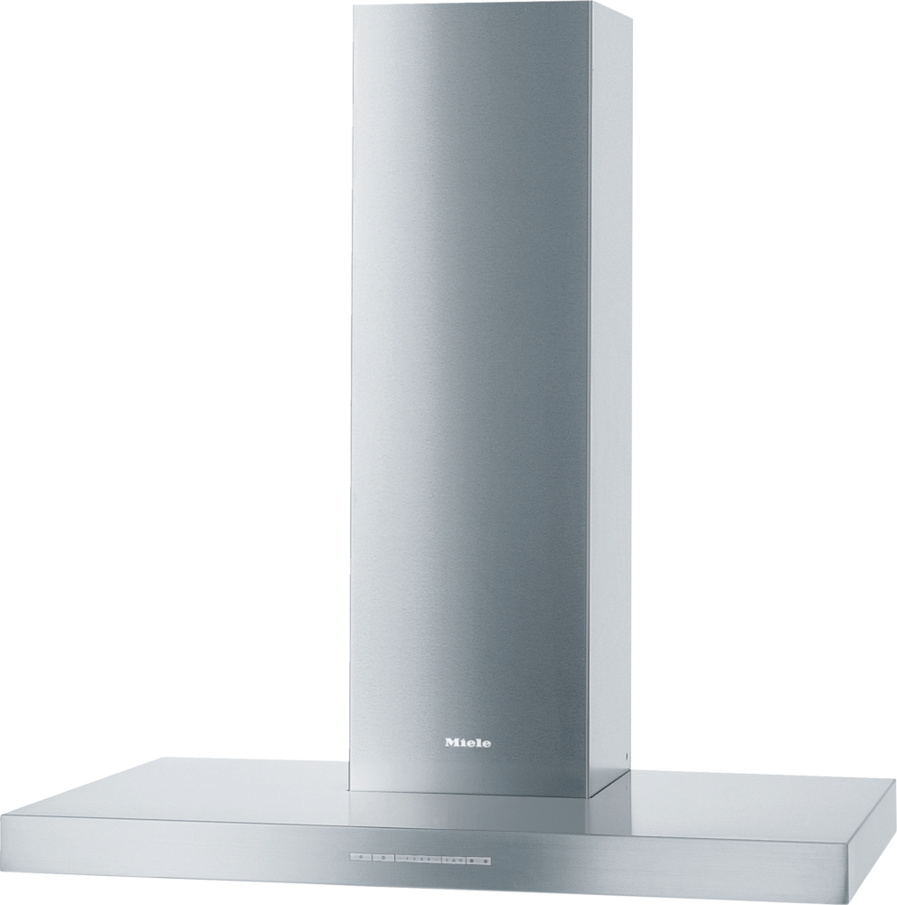 Edelstahl-Dunstabzugshaube mit Miele-Logo und Touch-Bedienfeld.
