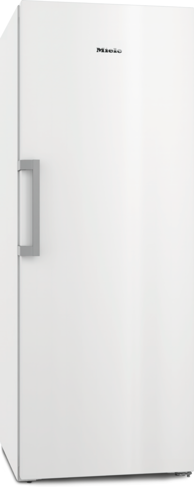 Ein weißer Miele Kühlschrank mit silbernem Griff.