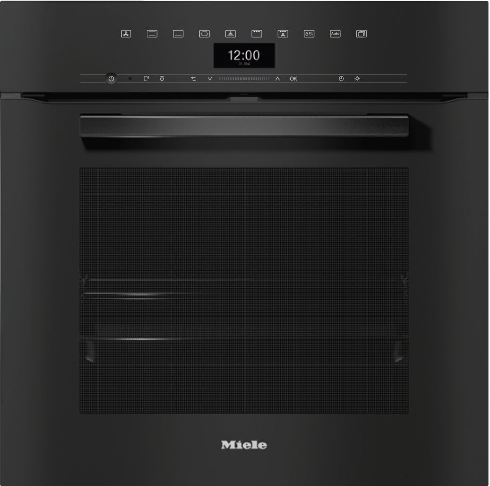 Schwarzer Einbauofen mit digitaler Zeitanzeige und Miele-Logo unten.