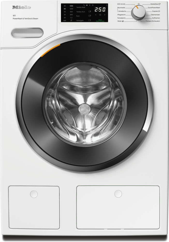 Weiße Miele Waschmaschine mit silbernem Ring und Display. Unten zwei Klappen.