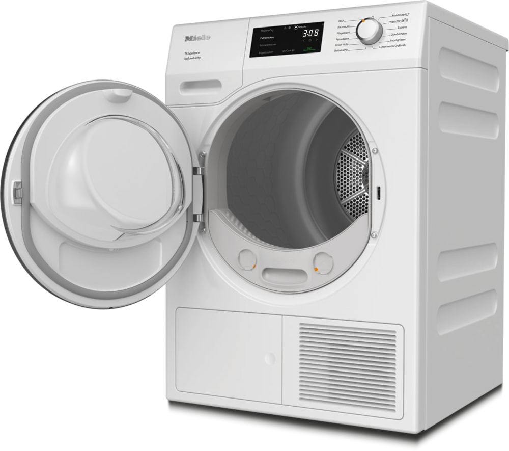 Ein weißer Miele Wäschetrockner mit geöffneter Tür und digitaler Anzeige.