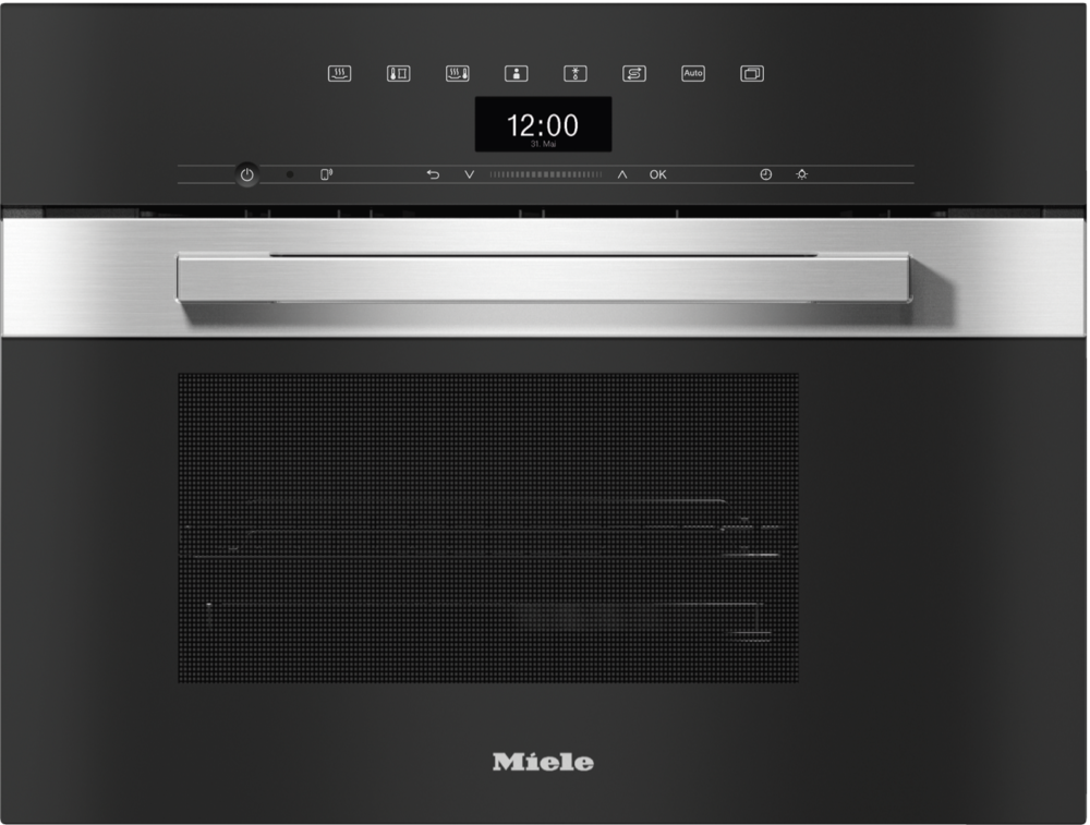 Moderner Miele Backofen mit Touchscreen, silbernem Griff und schwarzer Tür.