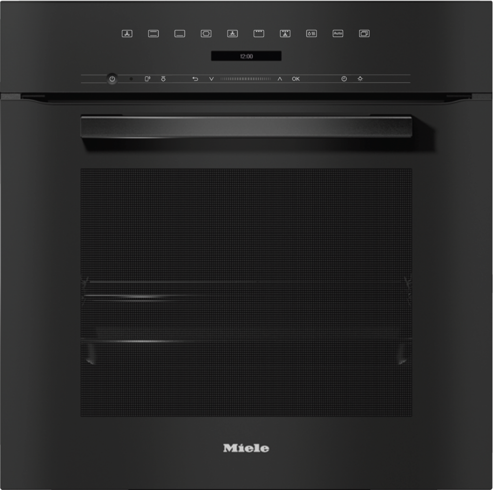 Ein moderner schwarzer Miele-Ofen mit digitaler Anzeige und silbernem Griff.