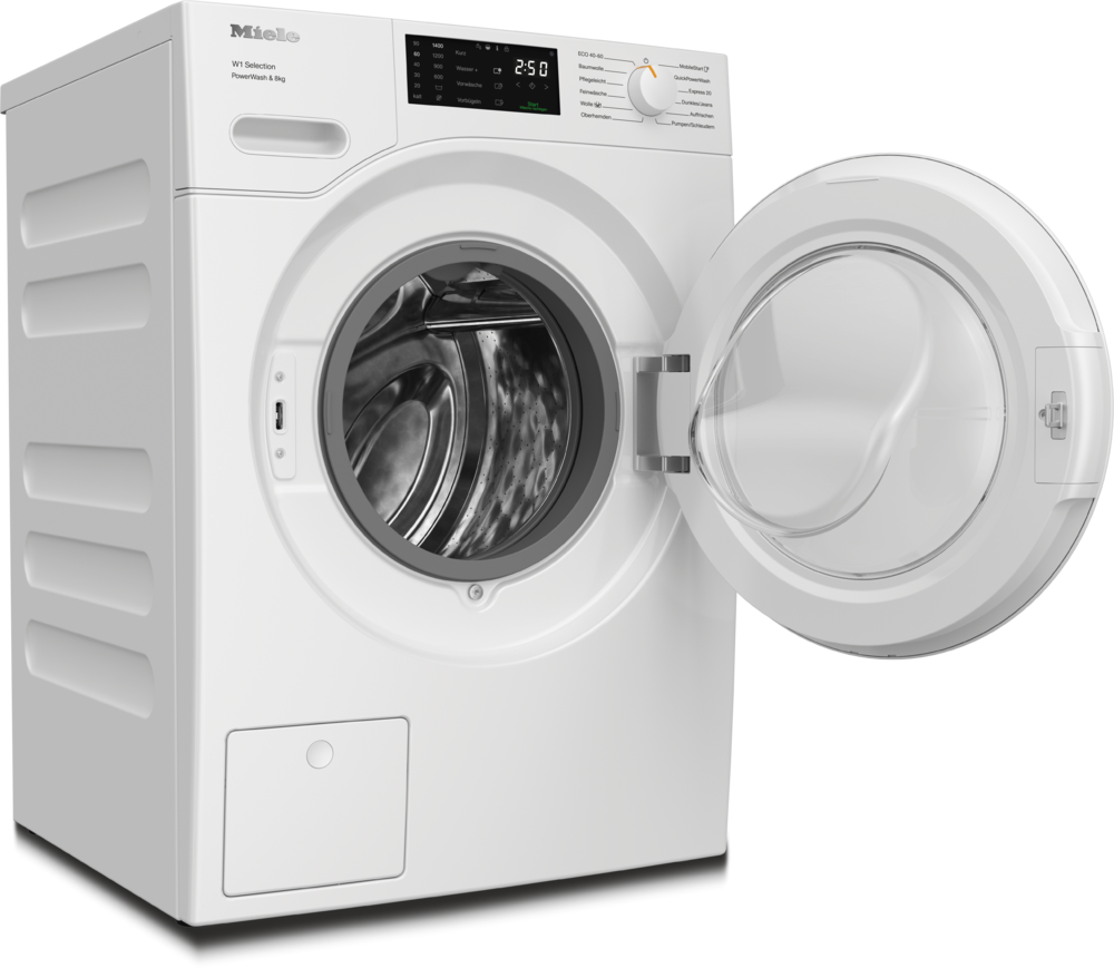 Eine weiße Miele Waschmaschine mit geöffneter Tür und sichtbarer Trommel.