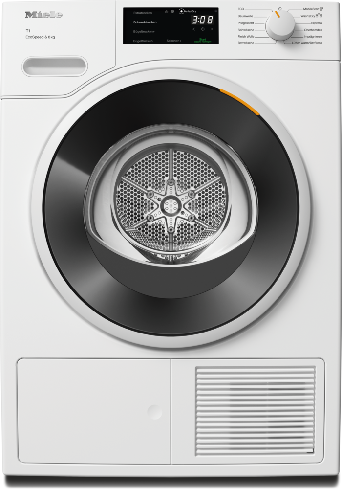 Eine weiße Miele T1 EcoSpeed Wäschetrockner mit digitalem Display und runder Tür.
