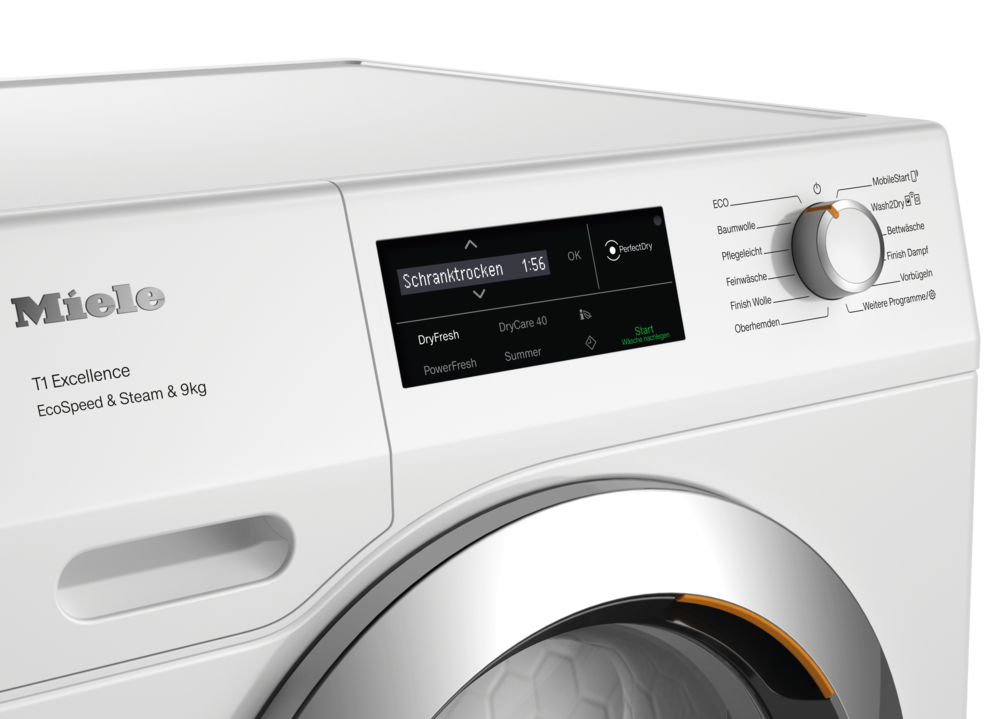 Eine weiße Miele Waschmaschine mit digitalem Display und Drehknopf.