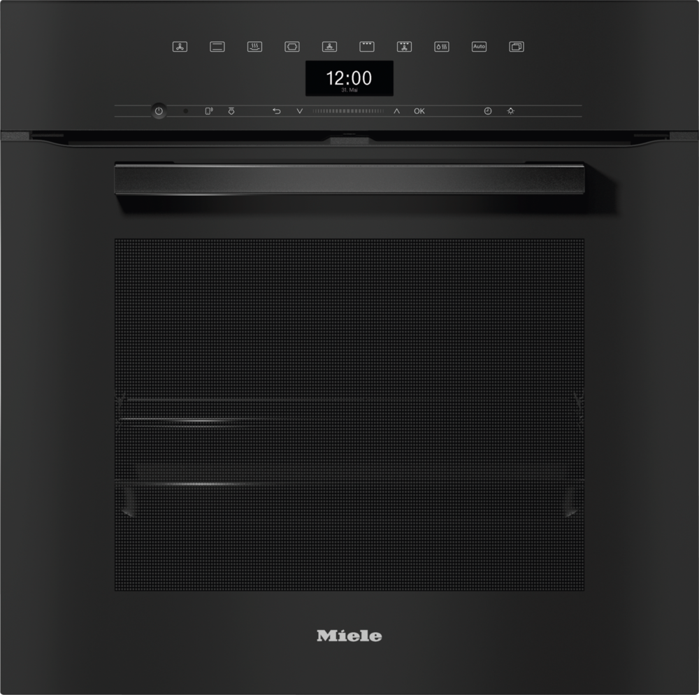 Ein moderner schwarzer Miele-Ofen mit digitaler Anzeige und Griff.