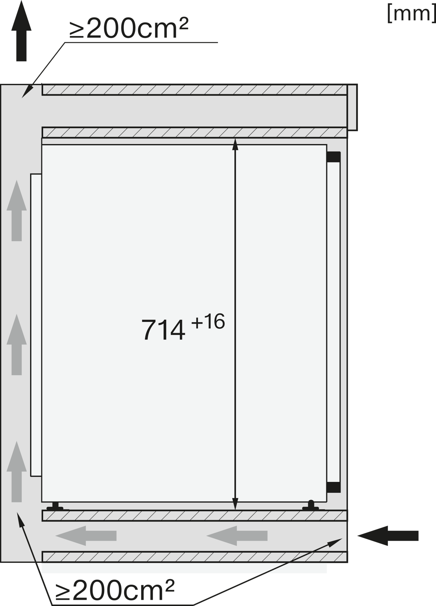 Diagramm mit Maßen und Pfeilen, die Luftstromrichtung anzeigen.