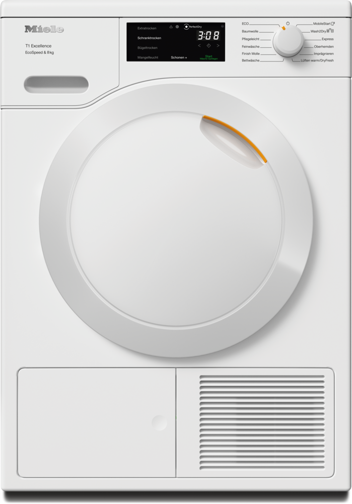 Eine weiße Miele Wäschetrockner mit digitalem Display und Bedienknopf.