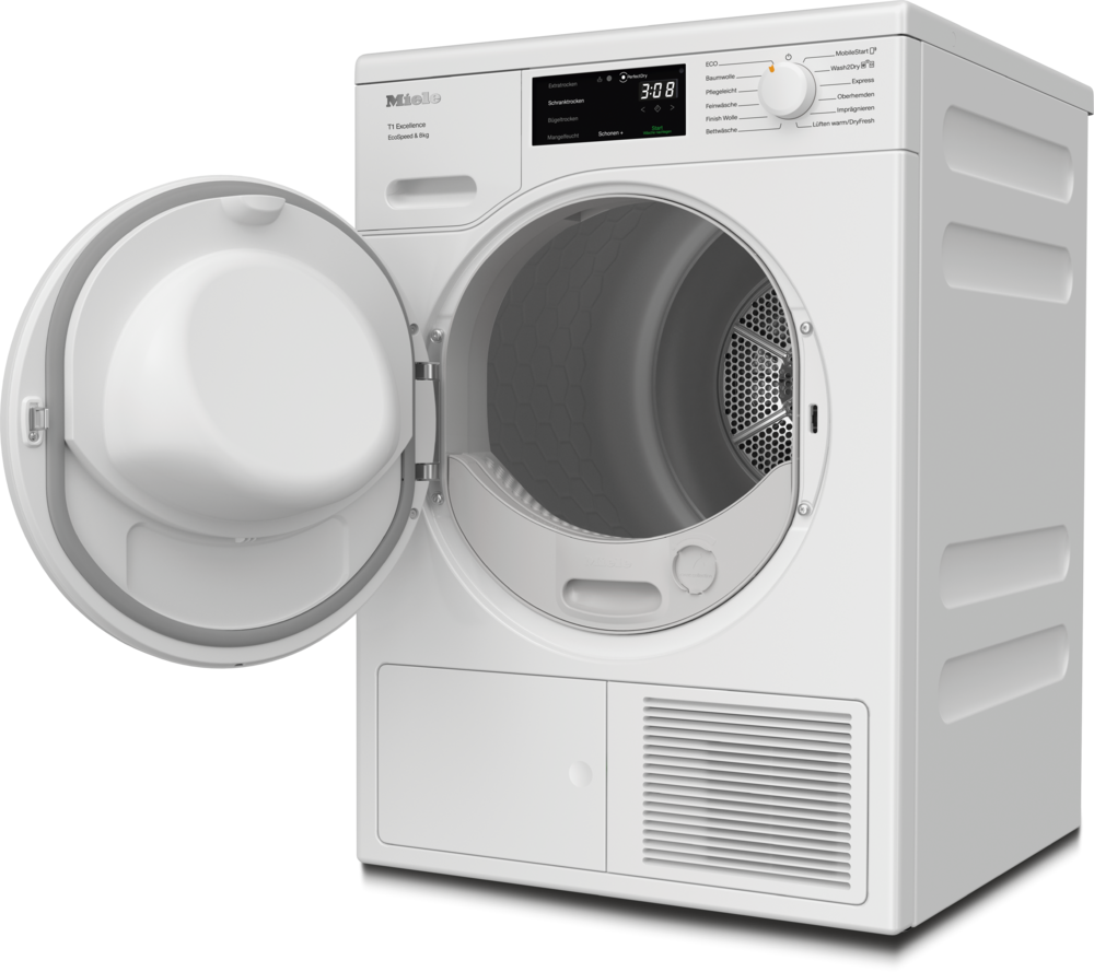 Eine weiße Miele Wäschetrockner T1 Excellence mit offener Tür.