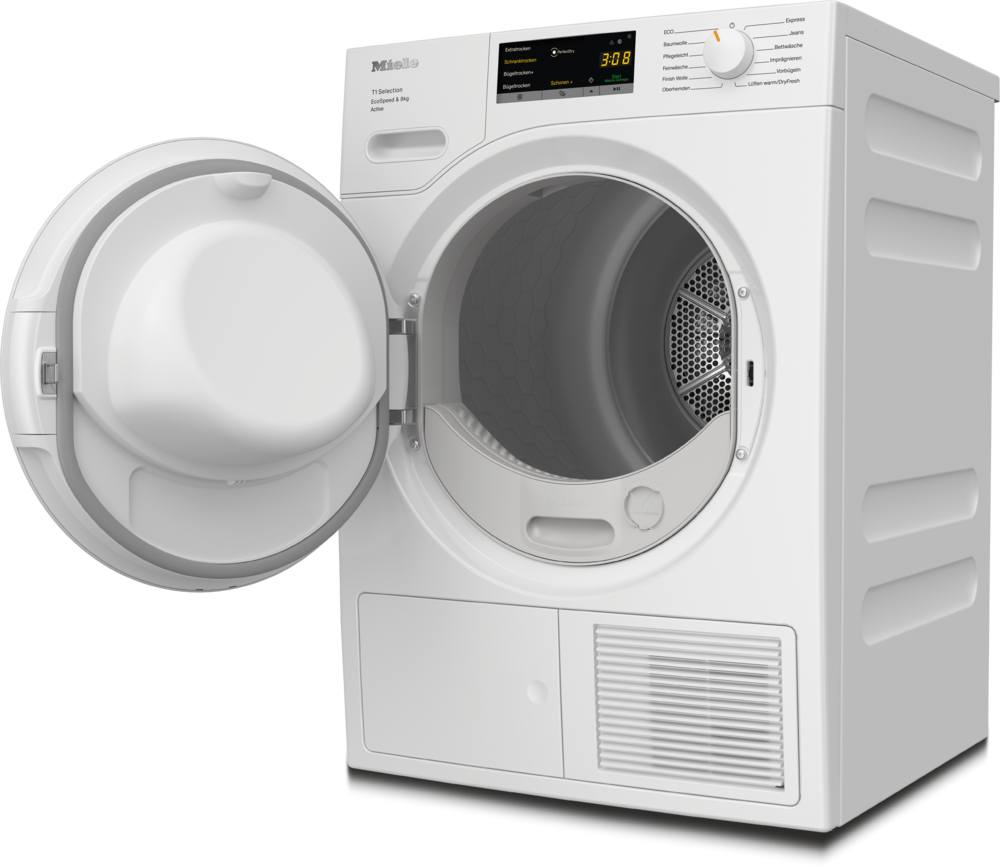 Ein weißer Miele Wäschetrockner mit geöffneter Tür und digitalem Display.