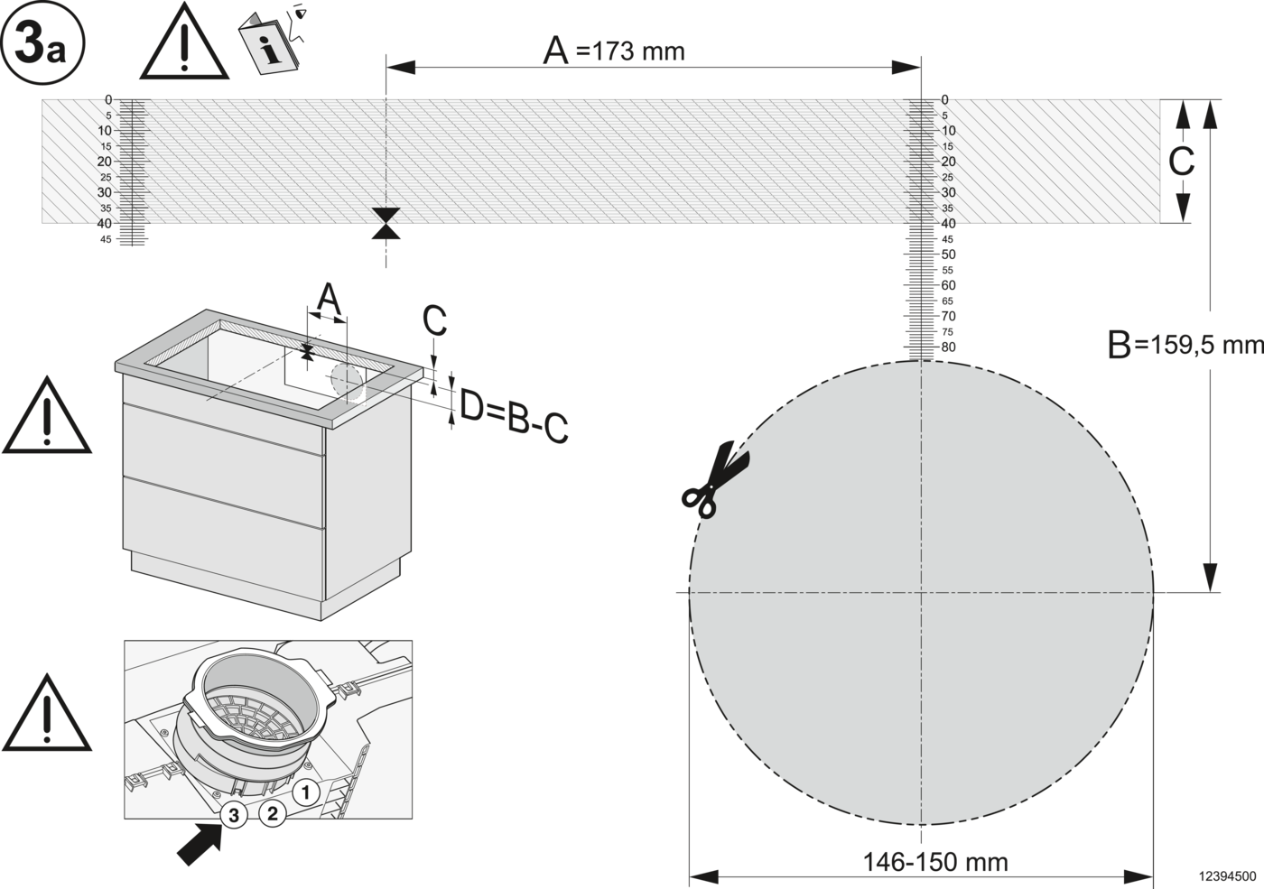 Diagramm mit Maßen für eine Spüle, mit Warnsymbolen und einem Detail einer Ablaufgarnitur.