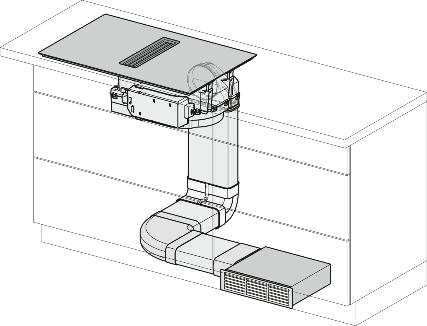 Einbau-Dunstabzugshaube mit Lüftungskanälen und Abluftbox.