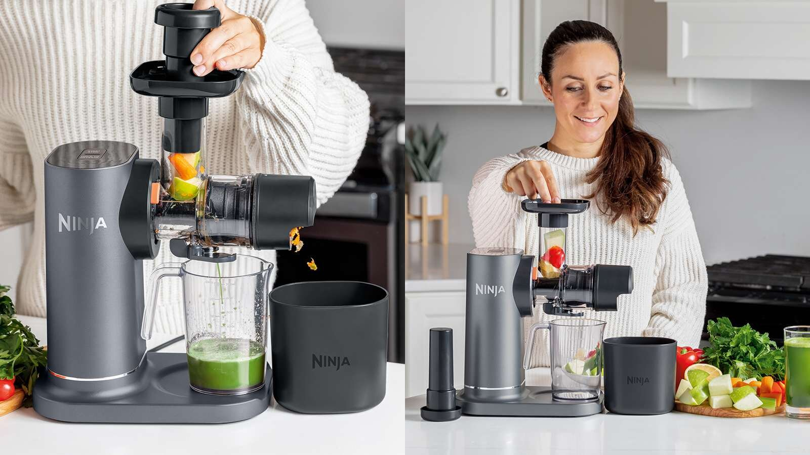 Szara wyciskarka Ninja produkująca sok z owoców i warzyw.