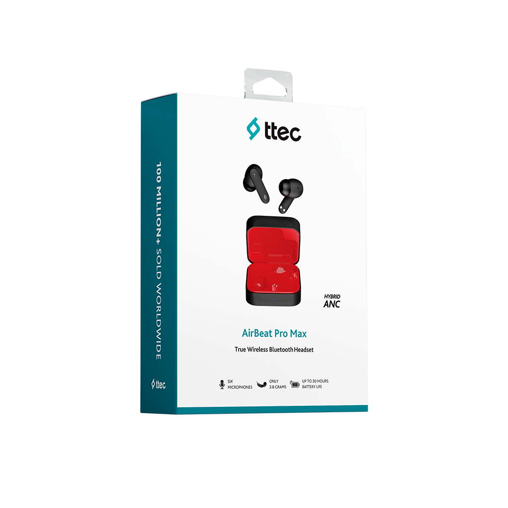 Ttec AirBeat Pro Max siyah kablosuz kulaklık, açık kırmızı şarj kutusuyla.
