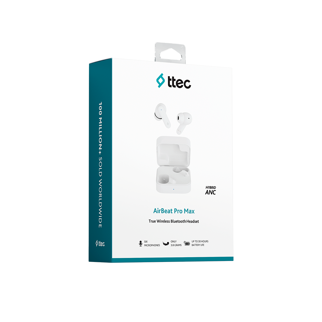 Şarj kutulu beyaz Ttec AirBeat Pro Max kablosuz kulaklık ambalajı.