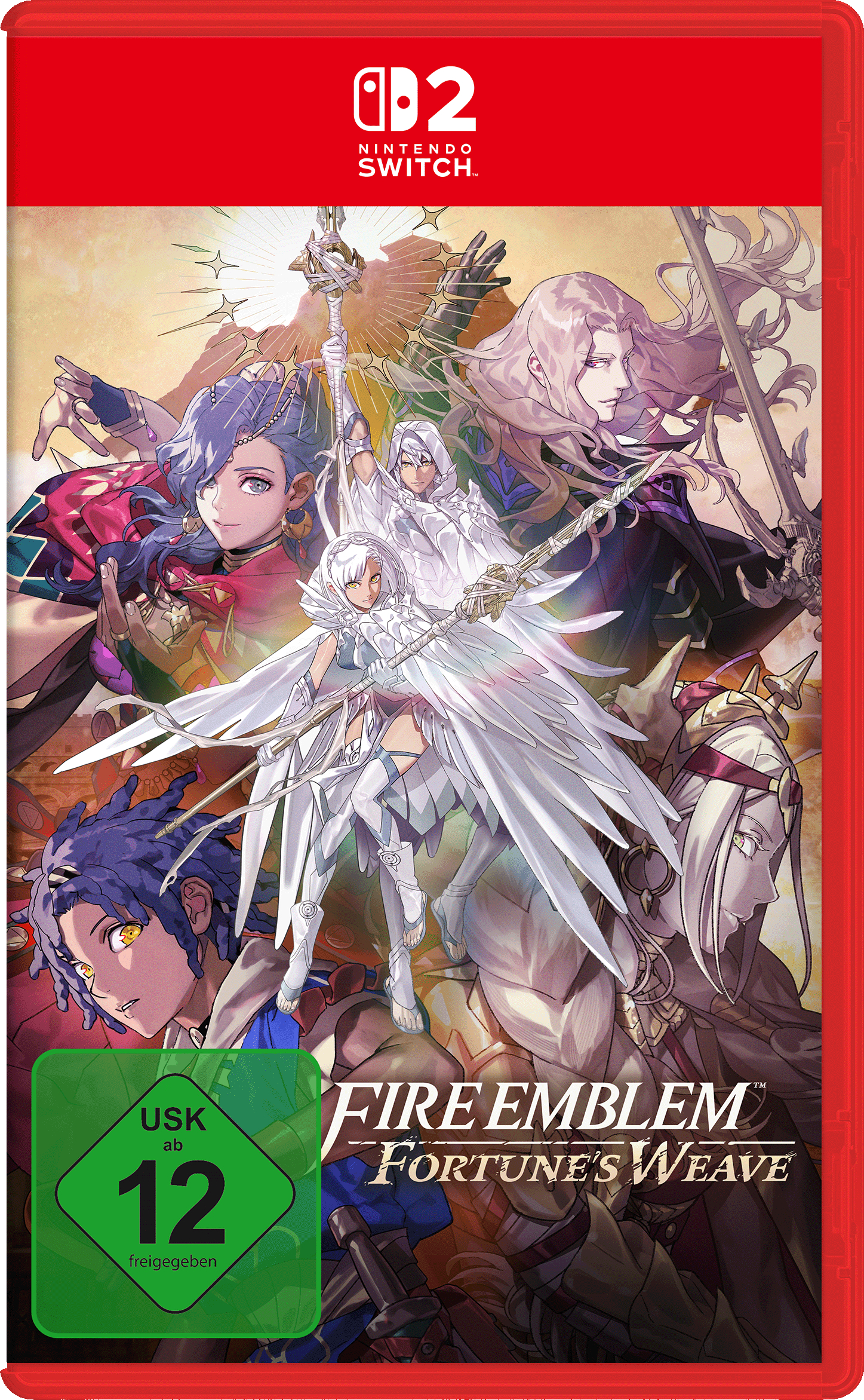 Cover von Fire Emblem: Fortune's Weave mit mehreren Charakteren und dem Nintendo Switch Logo.