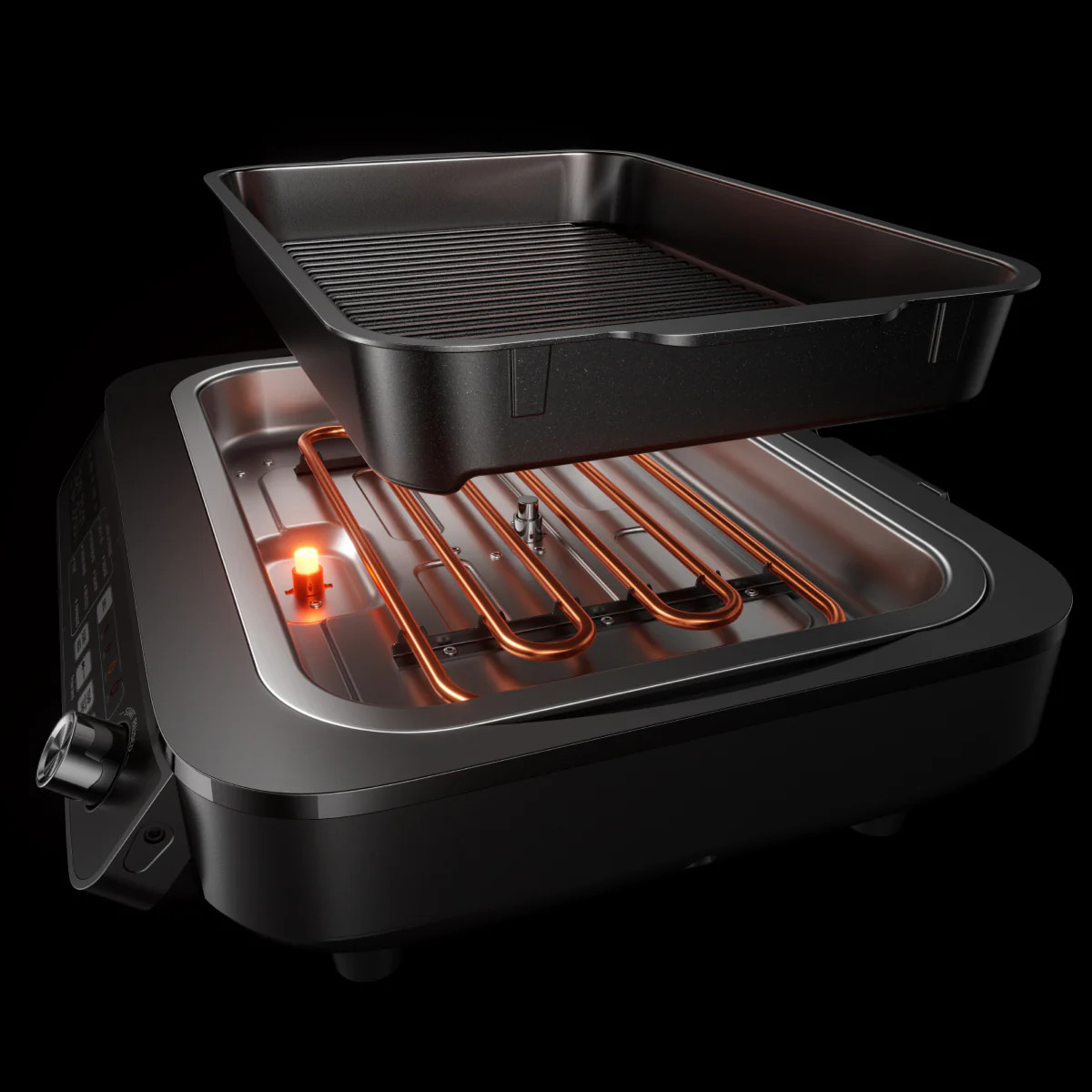 Elektryczny grill stołowy z wyjmowaną tacką i grzałkami.
