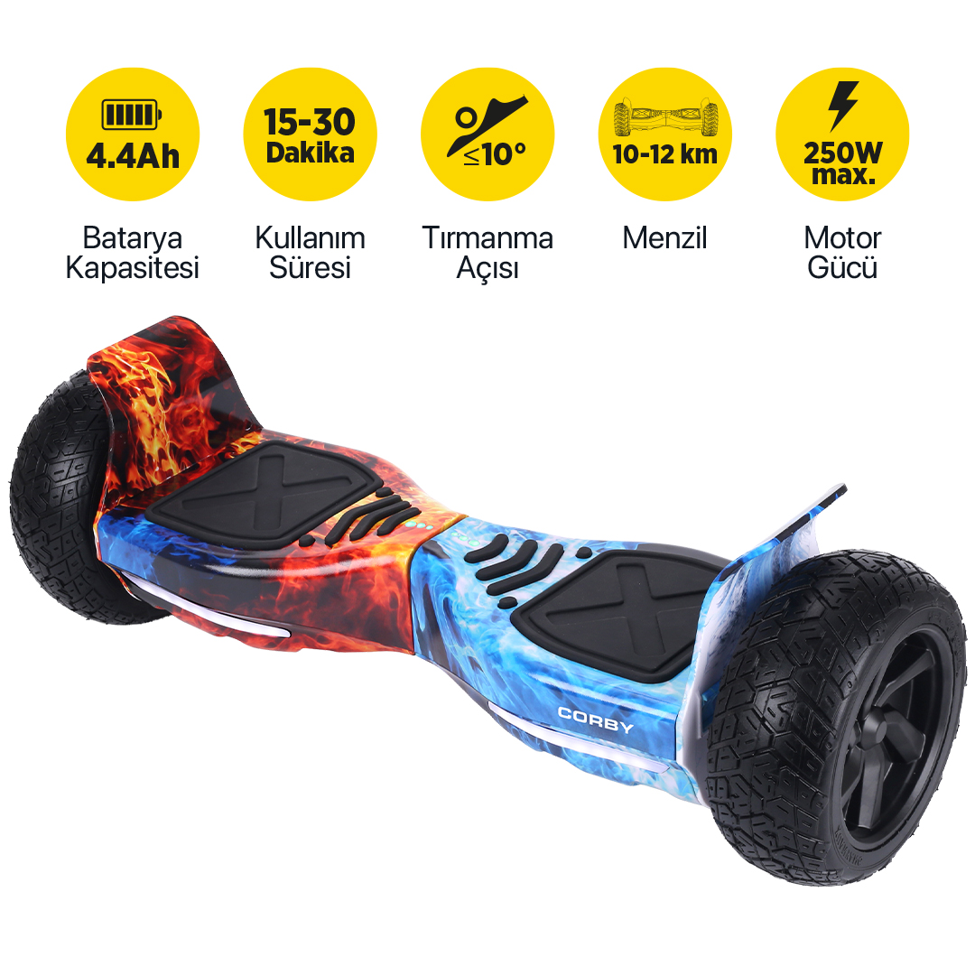 Alev ve buz tasarımlı iki tekerlekli hoverboard, teknik özellikler içerir.