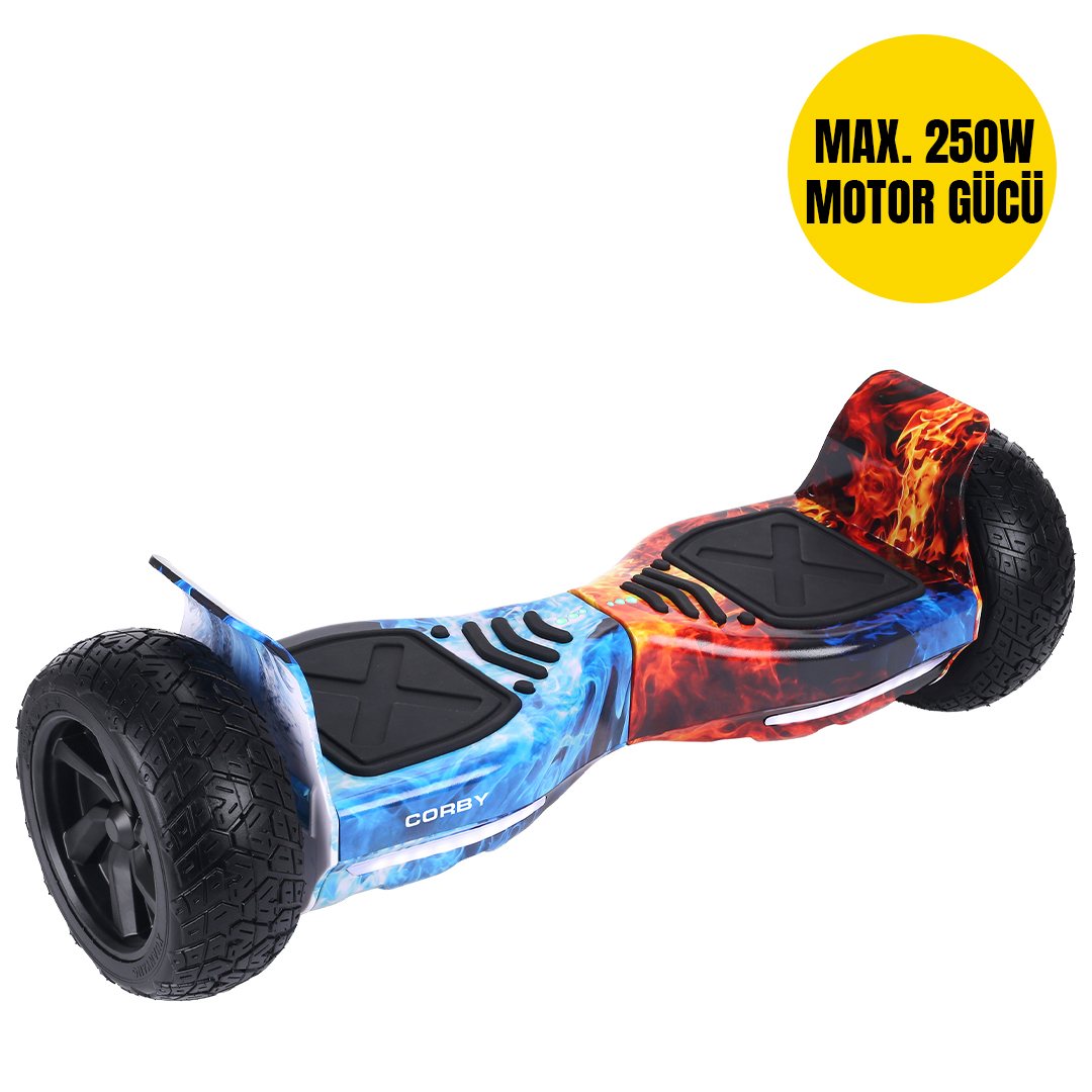 Alev ve su desenli hoverboard, sarı daire düğme.