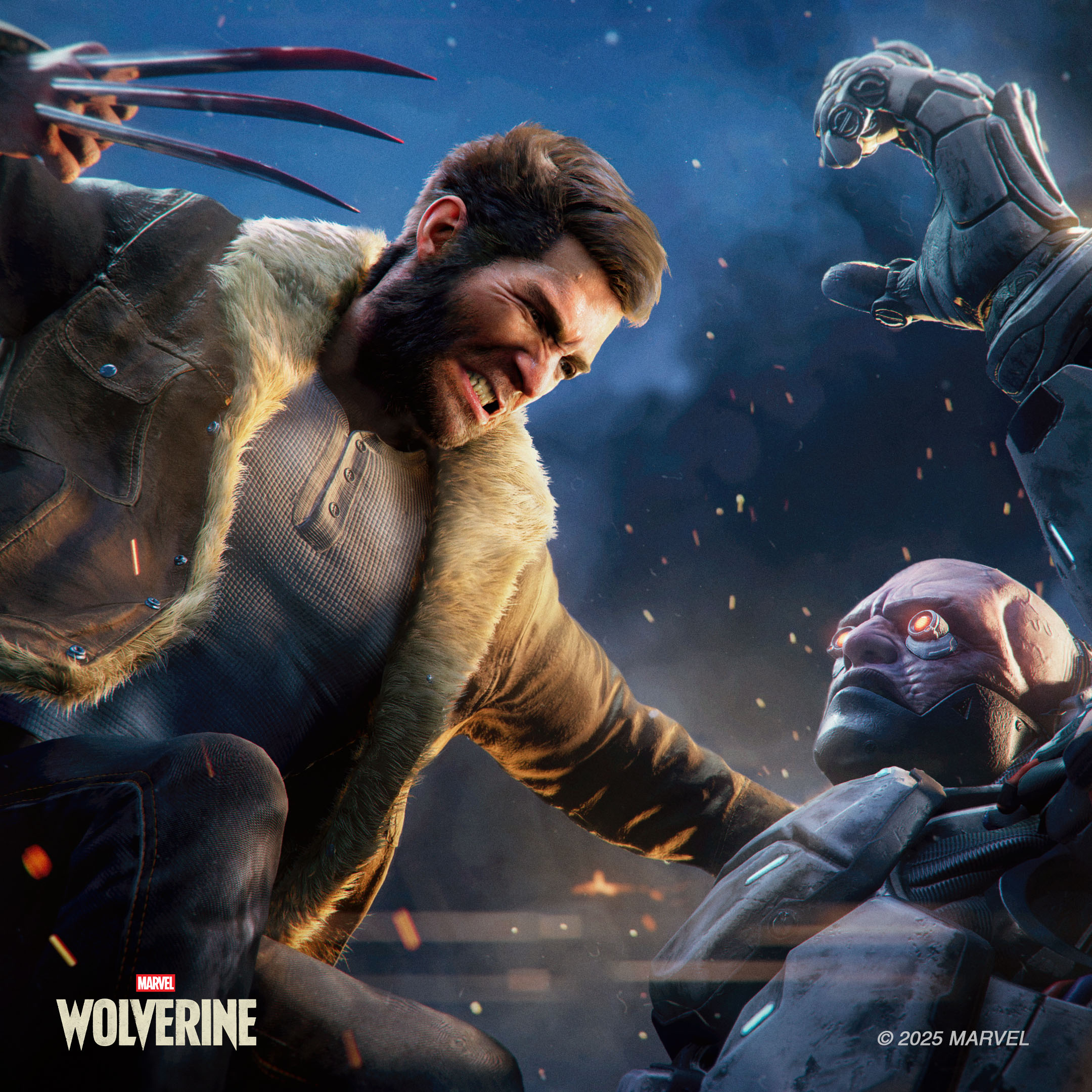 Wolverine z metalowymi pazurami walczy z cybernetycznym wrogiem w ciemności.